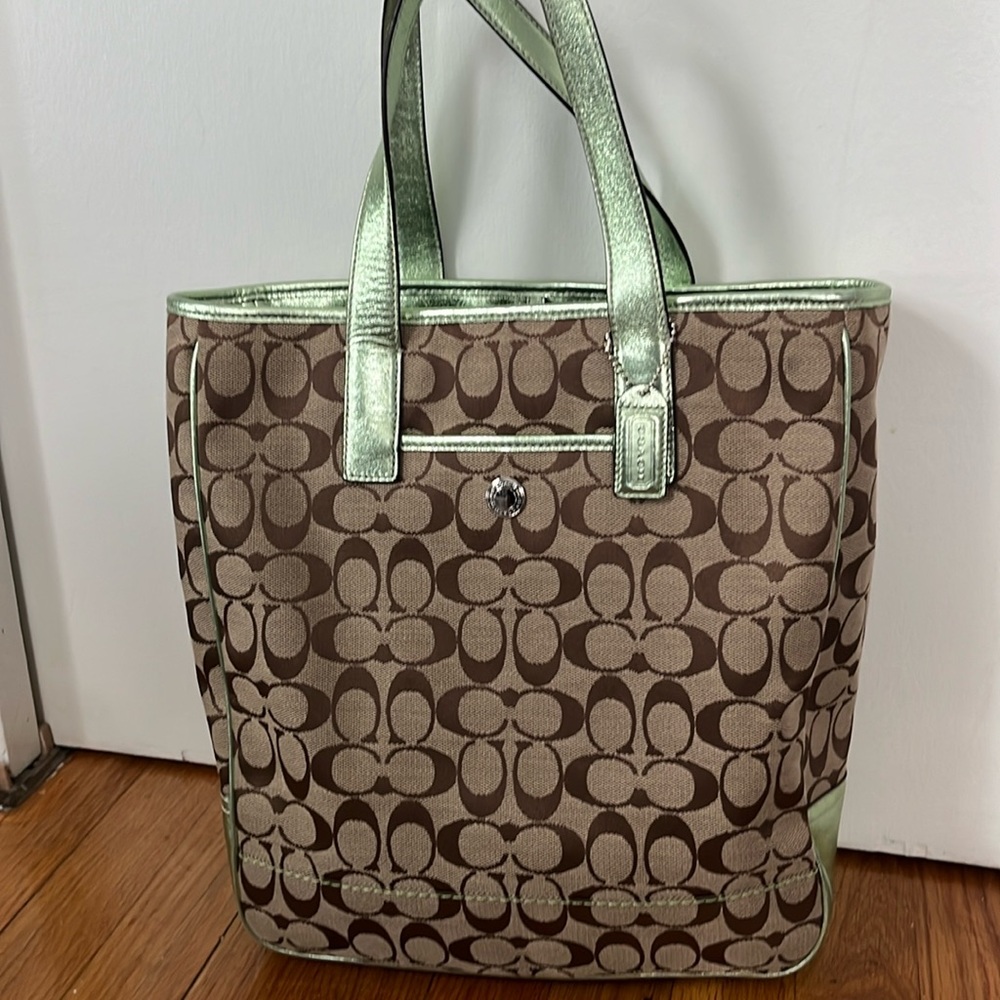 Coach Classic Print Handbag with Jade Green Trim detail, gently used